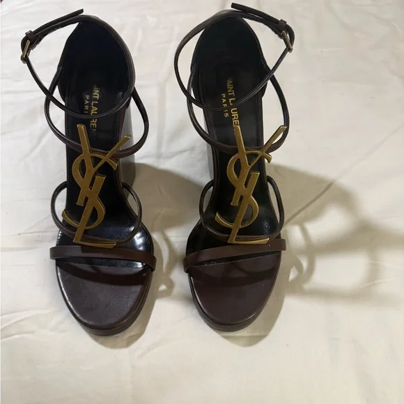 Saint Laurent Dark Brown Heels with Gold Logo - Picture 4 of 6